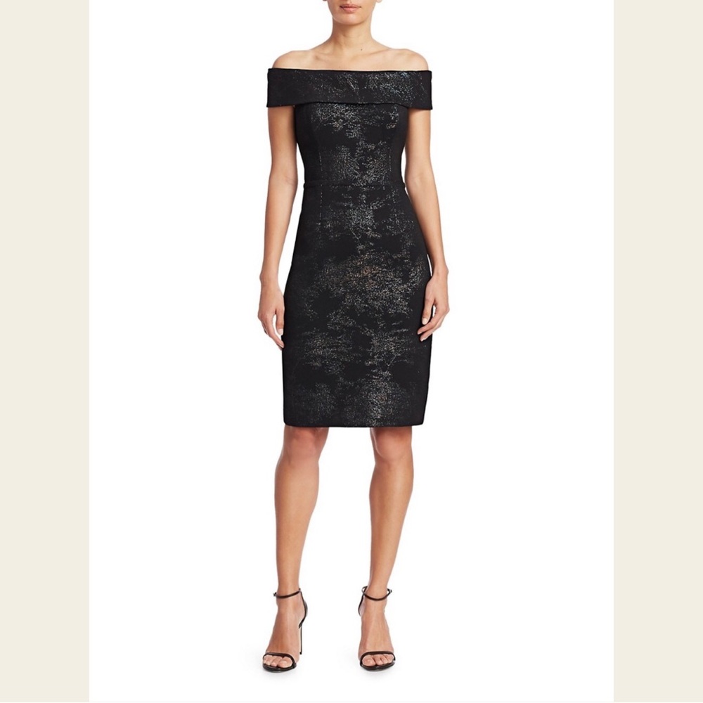 Teri Jon by Rickie Freeman Off the Shoulder Metallic Jacquard Wool Sheath Dress
